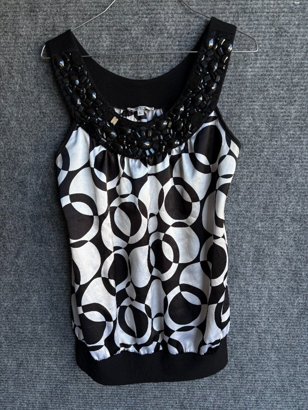 Moa Moa Black White Beaded Blouse Womens L Geometric Print